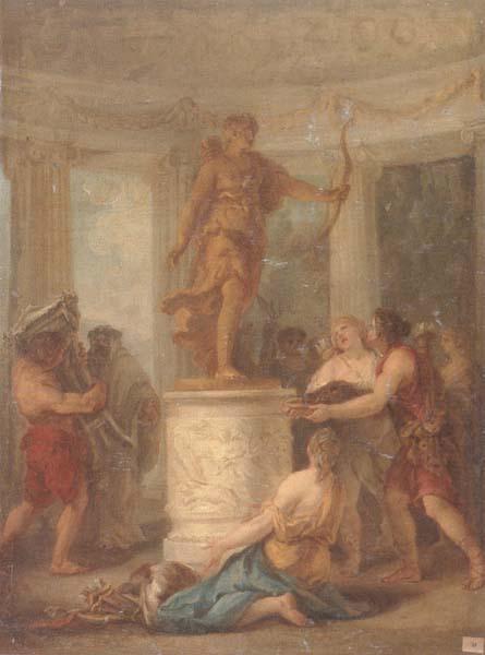 unknow artist Interior of a classical temple,with hunters making an offering to a statue of diana Germany oil painting art